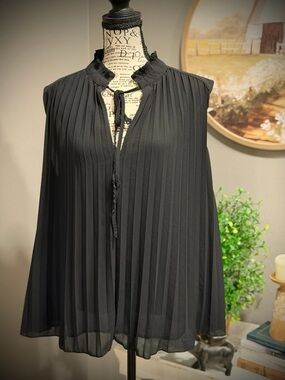 H&M Black Sleeveless Pleated Tie-Neck Blouse